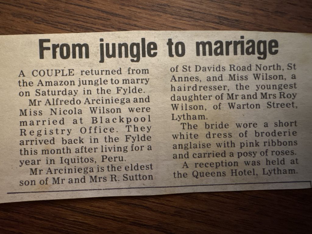 A newspaper clipping from 1985, Lytham St Anne's Express, announcing the marriage of my parents, titled "From jungle to marriage"